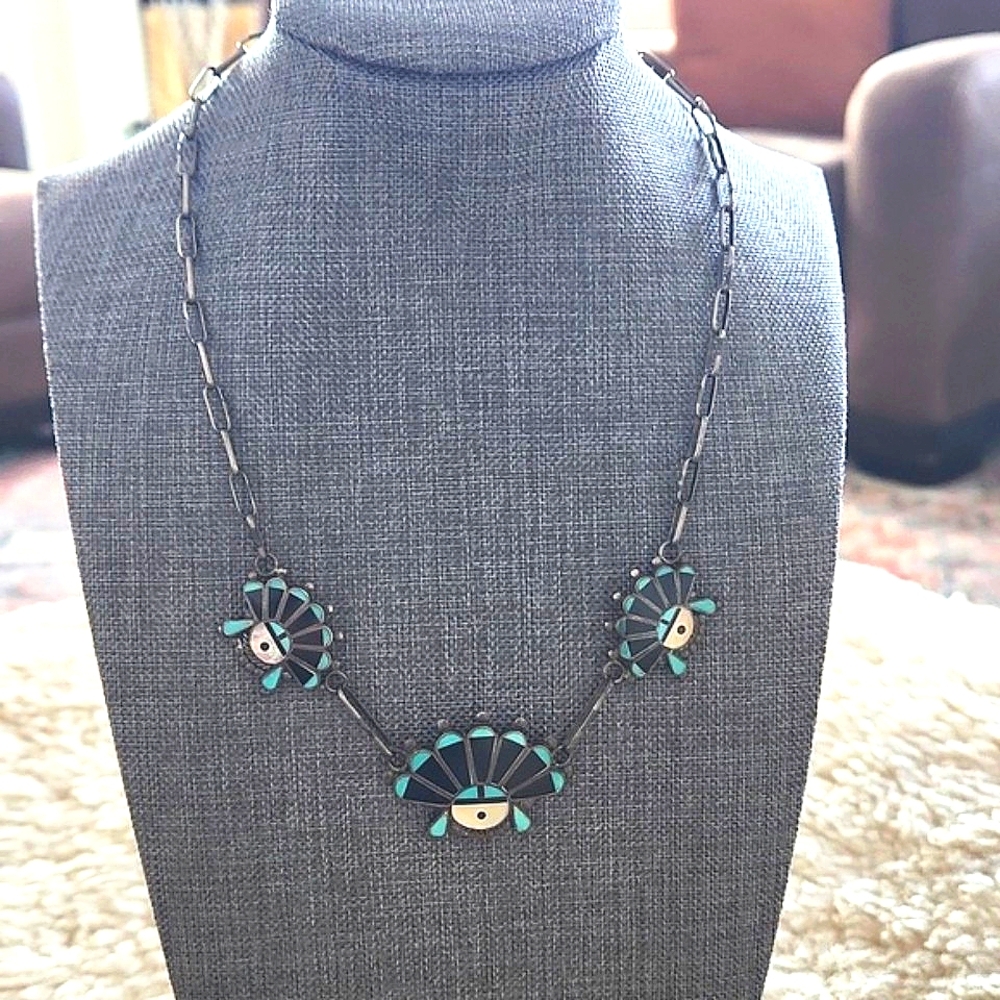 Stunning Native American Zuni Inlaid Headdress Vintage Turquoise Necklace 💙🖤🎁